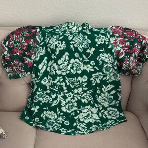 Periwinkle Brand Embroidered Puff Sleeve Top in Green, White & Pink